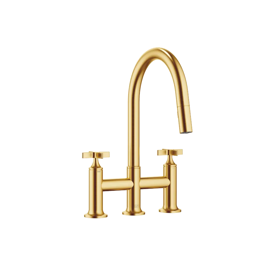 Vaia Brushed Durabrass Kt Gold Kitchen Faucets Three Hole Bridge