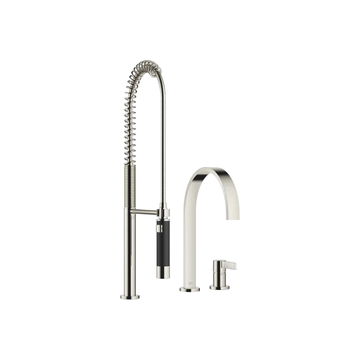 MEM Batería monomando de dos orificios con rosetas individuales con rociador de cocina profesional - Platino - Set que contiene 2 artículos