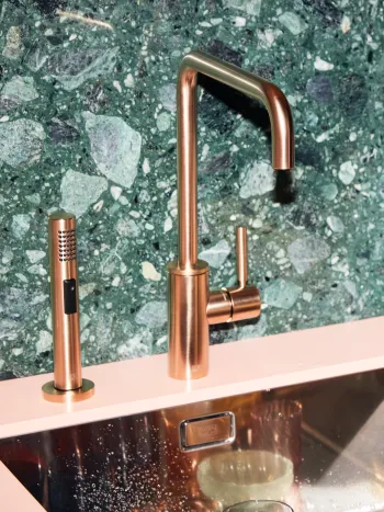 Dornbracht meta square design series editorial experience kitchen kitchen faucet brushed champagne