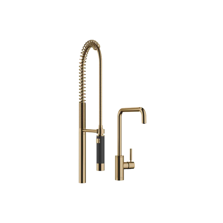 META SQUARE Monomando con rociador de cocina profesional - Dark Brass cepillado - Set que contiene 2 artículos