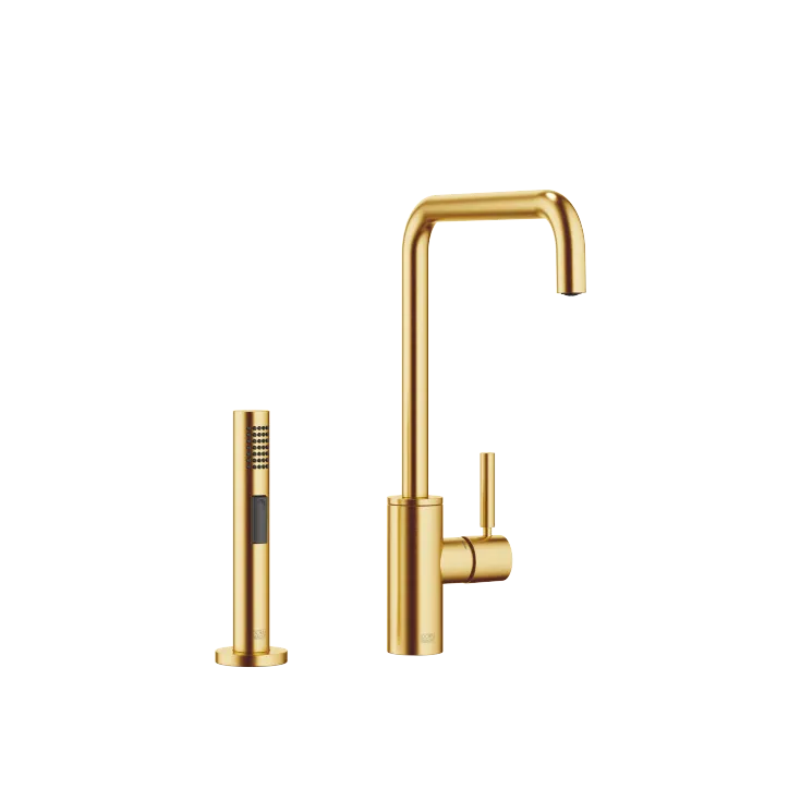 META SQUARE Einhebelmischer mit Spülbrausegarnitur - Messing gebürstet (23kt Gold) - Set aus 2 Artikeln