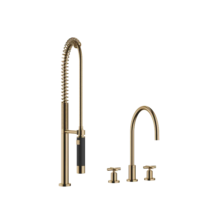 TARA Mélangeur à trois trous avec douchette pendulaire - Dark Brass brossé - Set contenant 2 articles