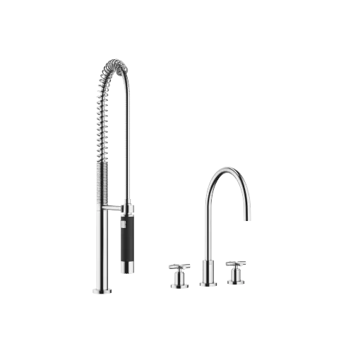 TARA Three-hole mixer with profi spray set - Brushed Chrome - Set containing 2 articles