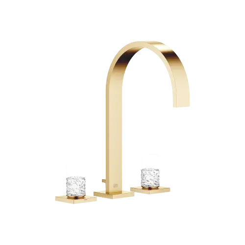 MEM Three-hole lavatory mixer with drain Glass Design ICE small - Brushed Durabrass (23kt Gold) - Set containing 3 articles