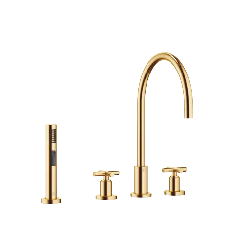 TARA Three-hole mixer with rinsing spray set - Brushed Durabrass (23kt Gold) - Set containing 2 articles