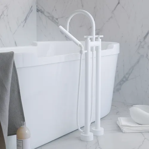 TARA Two-hole bath mixer for free-standing assembly with hand shower set - Brushed Platinum - 25 943 892-06