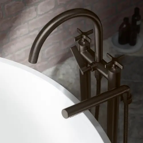 VAIA Two-hole bath mixer for free-standing assembly with hand shower set - Champagne (22kt Gold) - 25 943 809-47