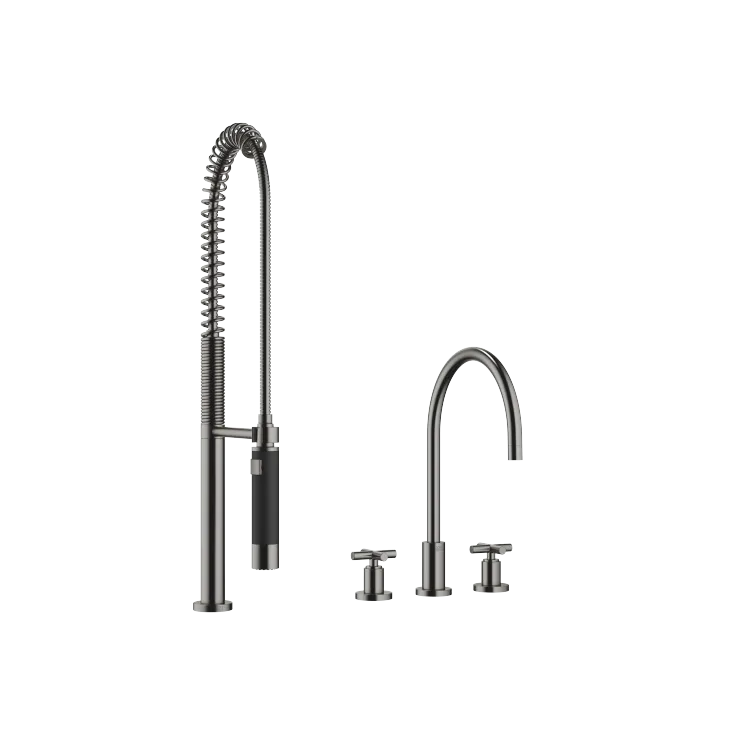 TARA Three-hole mixer with profi spray set - Brushed Dark Platinum - Set containing 2 articles