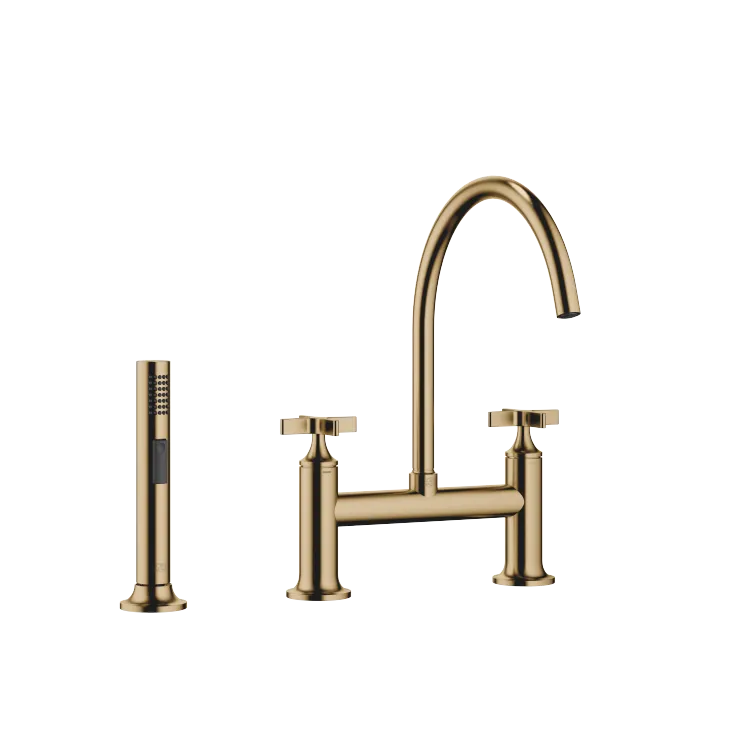 VAIA Two-hole bridge mixer with side spray set - Brushed Dark Brass - Set containing 2 articles