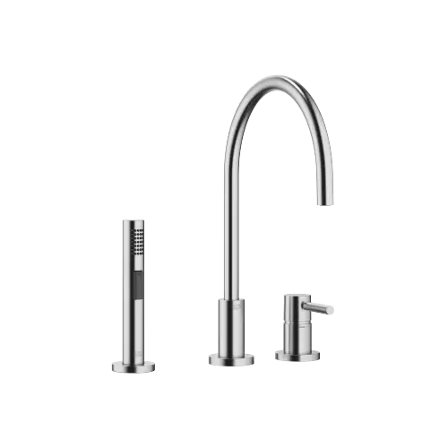 TARA Batería monomando de dos orificios con rosetas individuales con rociador de cocina - Cromo cepillado - Set que contiene 2 artículos