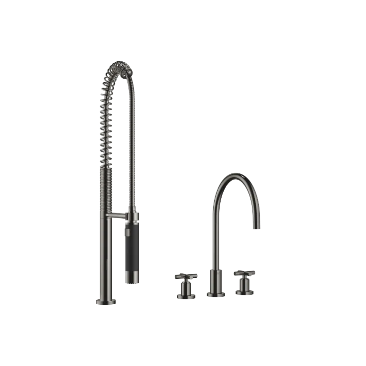 TARA Batteria tre fori con gruppo doccetta professionale - Dark Chrome - Set contenente 2 articoli
