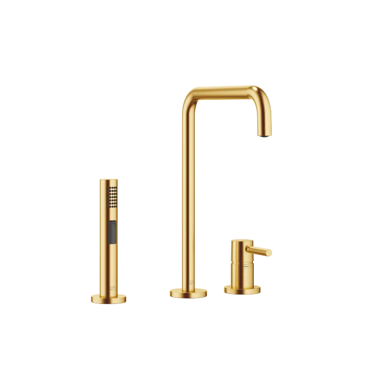 META SQUARE Zweilochbatterie mit Einzelrosetten mit Spülbrausegarnitur - Messing gebürstet (23kt Gold) - Set aus 2 Artikeln
