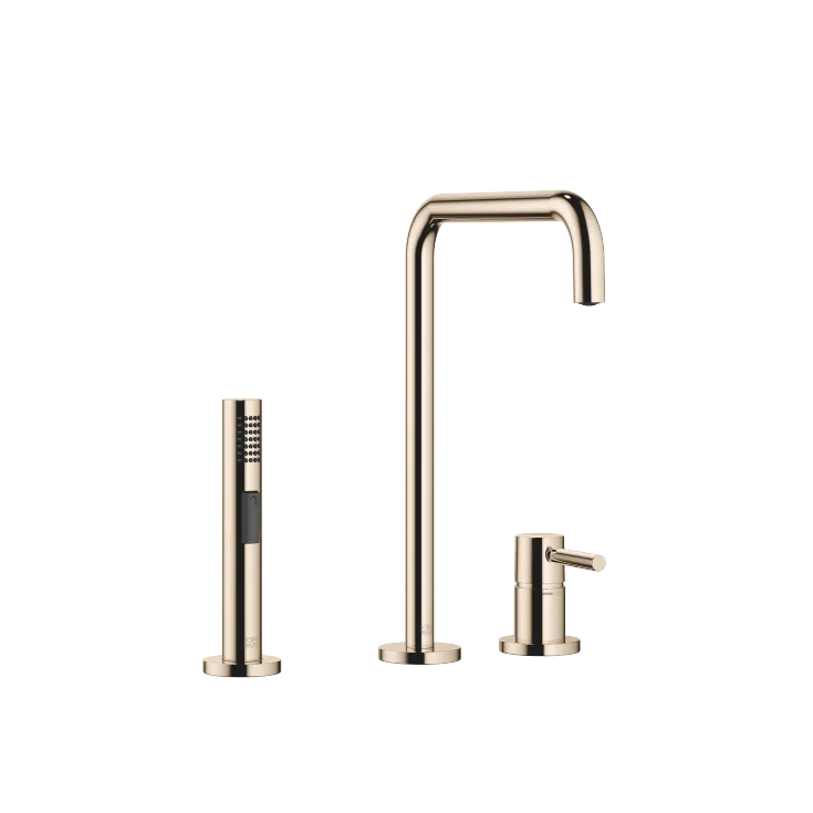 META SQUARE Zweilochbatterie mit Einzelrosetten mit Spülbrausegarnitur - Champagne (22kt Gold) - Set aus 2 Artikeln
