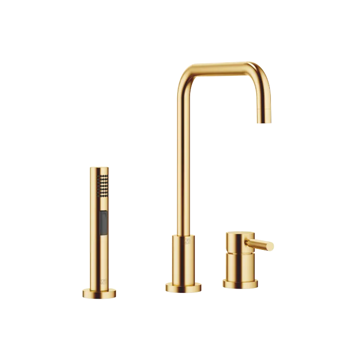 META 02 Two-hole mixer with individual rosettes with rinsing spray set - Brushed Durabrass (23kt Gold) - Set containing 2 articles