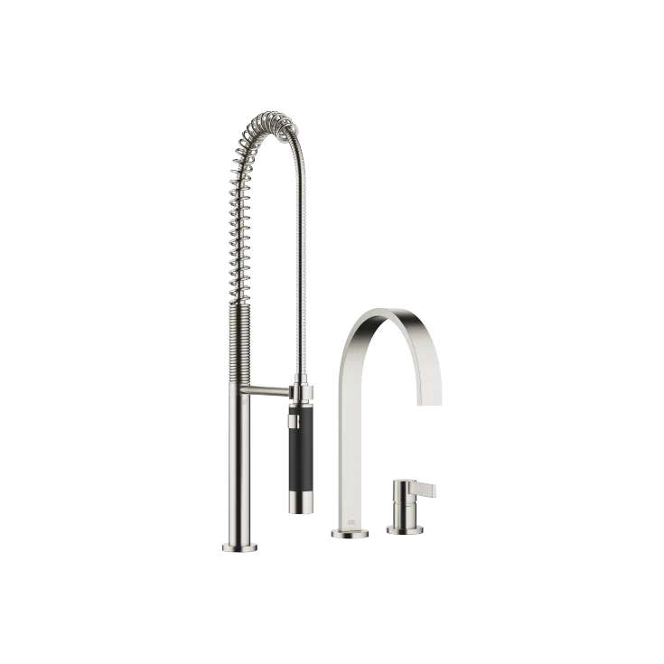 MEM Batería monomando de dos orificios con rosetas individuales con rociador de cocina profesional - Platino cepillado - Set que contiene 2 artículos