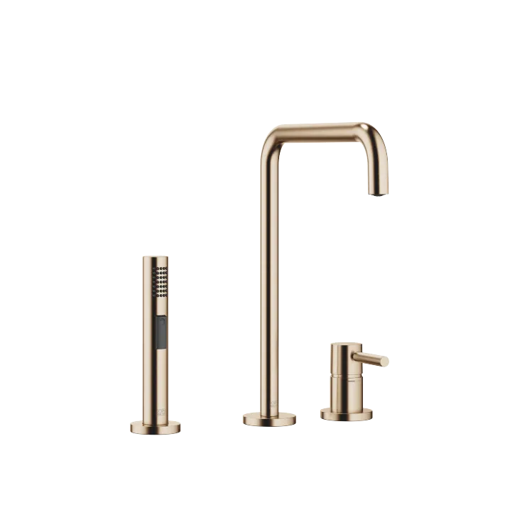 META SQUARE Zweilochbatterie mit Einzelrosetten mit Spülbrausegarnitur - Champagne gebürstet (22kt Gold) - Set aus 2 Artikeln